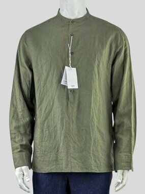 Mango Mens Green 100% Linen Mao Band Collar Shirt Long Sleeve - Medium NWT